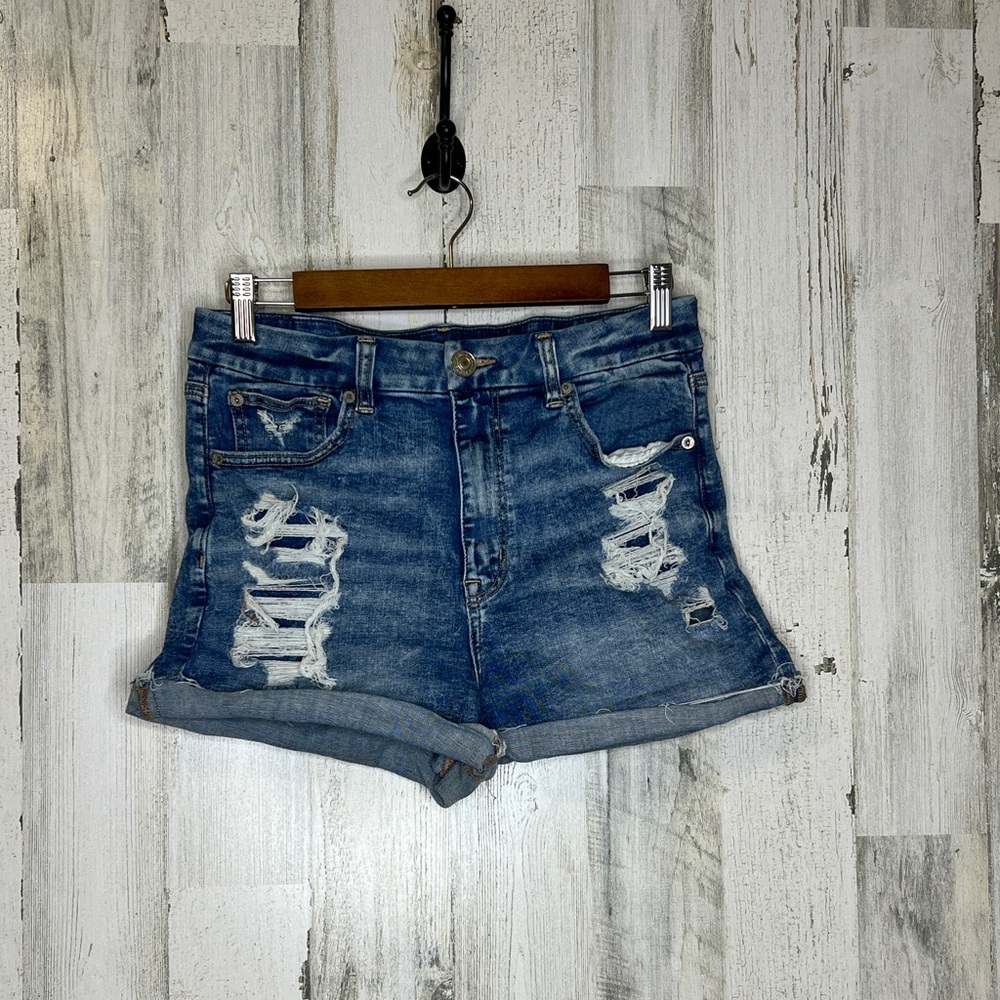 American Eagle Women's Next Level Stretch Destroyed Cut Off Denim Shorts Blue 8